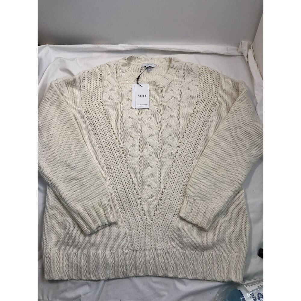 Reiss Wool Cable Knit Sweater XL Long Sleeve Pullover Cream Oversized